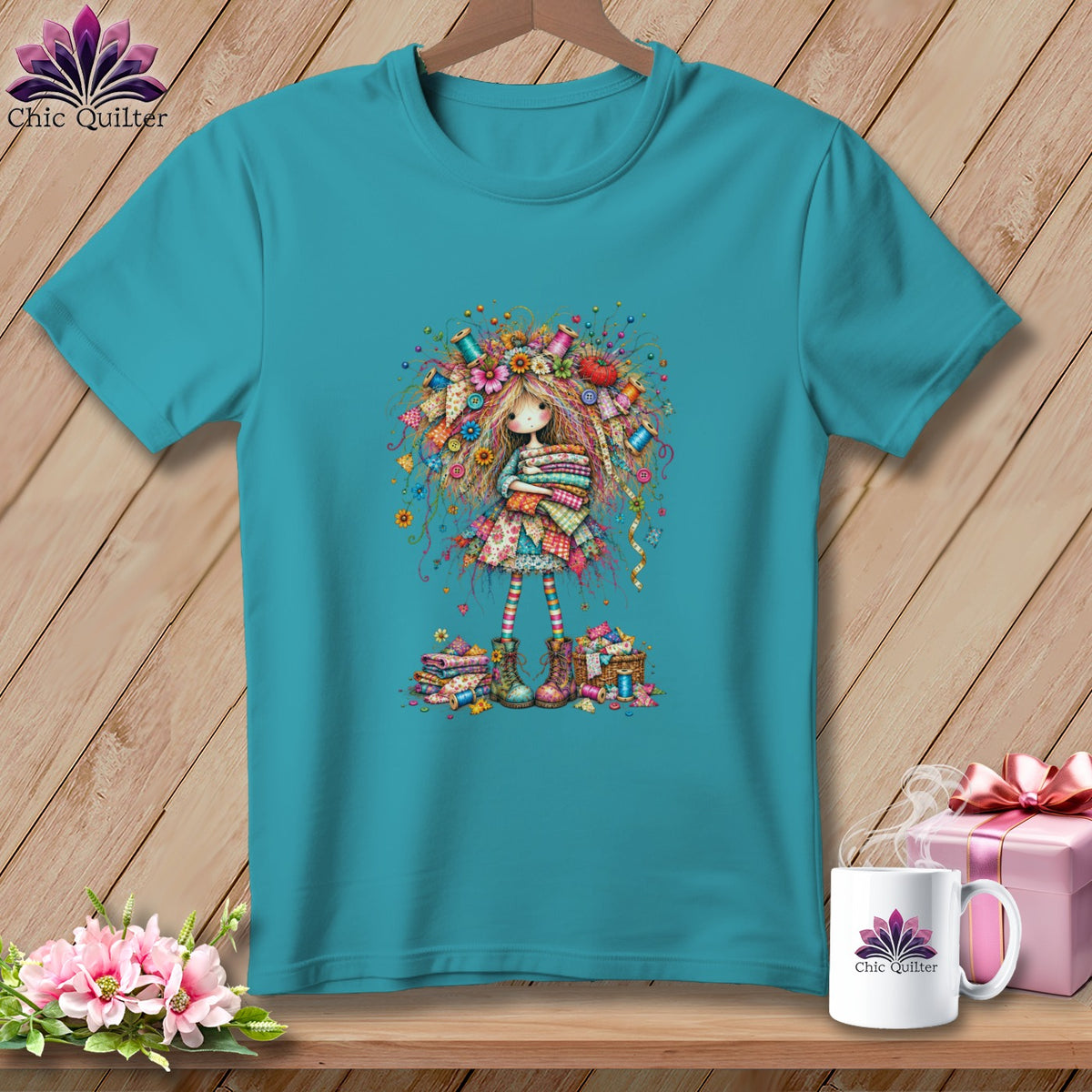 A turquoise t-shirt on a wooden hanger features an illustration of a girl surrounded by sewing notions.