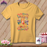 Yellow t-shirt featuring three birds wearing glasses and flower crowns, with text reading Reading Glasses On Seam Ripper Armed.