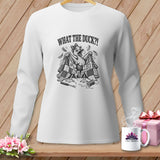 White long-sleeve t-shirt featuring a cartoon duck with a quilt, text that reads WHAT THE DUCK?!