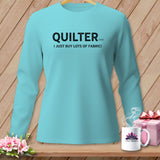 Aqua long-sleeve shirt with black text 