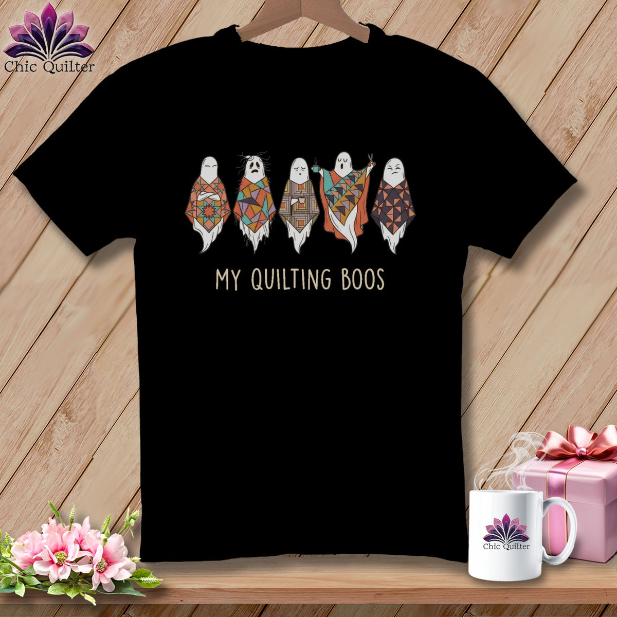 Black t-shirt with "My Quilting Boos" text and five ghosts in patchwork blankets.