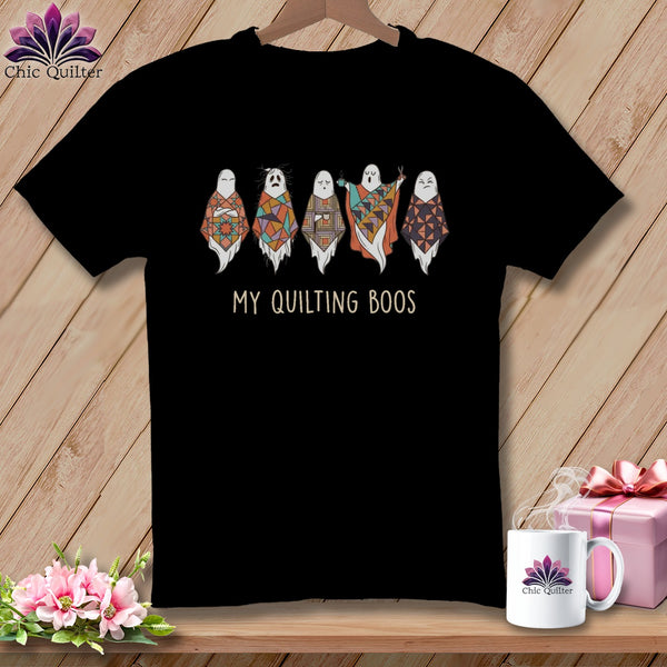 Black t-shirt with "My Quilting Boos" text and five ghosts in patchwork blankets.
