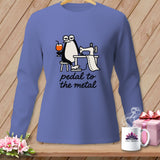 Periwinkle long-sleeved shirt with a penguin sewing and the text 