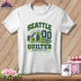 White t-shirt displaying a graphic with quilting motifs and the text Seattle Quilter Sewgtertime.