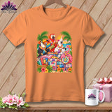 An orange t-shirt featuring a colorful graphic of tropical birds playing instruments around a quilt.