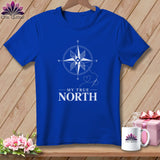 Blue t-shirt with white compass design and text 
