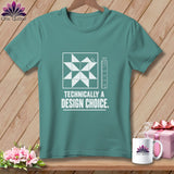 Teal t-shirt with a white quilt block design and text 