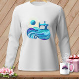 White long-sleeve shirt with a blue sewing machine and colorful waves design.