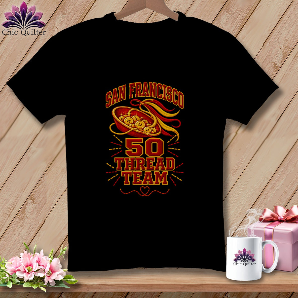 Black t-shirt featuring a San Francisco 50 Thread Team graphic with buttons and ribbons.