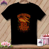 Black t-shirt featuring a San Francisco 50 Thread Team graphic with buttons and ribbons.