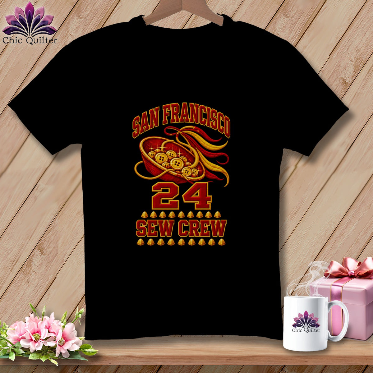 Black short-sleeved t-shirt featuring a San Francisco Sew Crew design with buttons and the number 24.