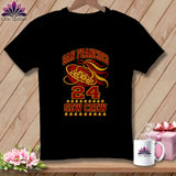Black short-sleeved t-shirt featuring a San Francisco Sew Crew design with buttons and the number 24.