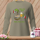 Grinch hands hold fabric stack and beer, with text 