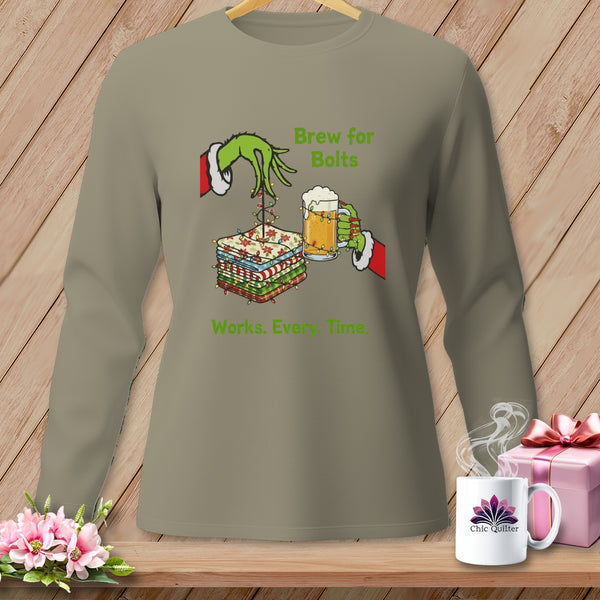 Grinch hands hold fabric stack and beer, with text "Brew for Bolts Works. Every. Time."