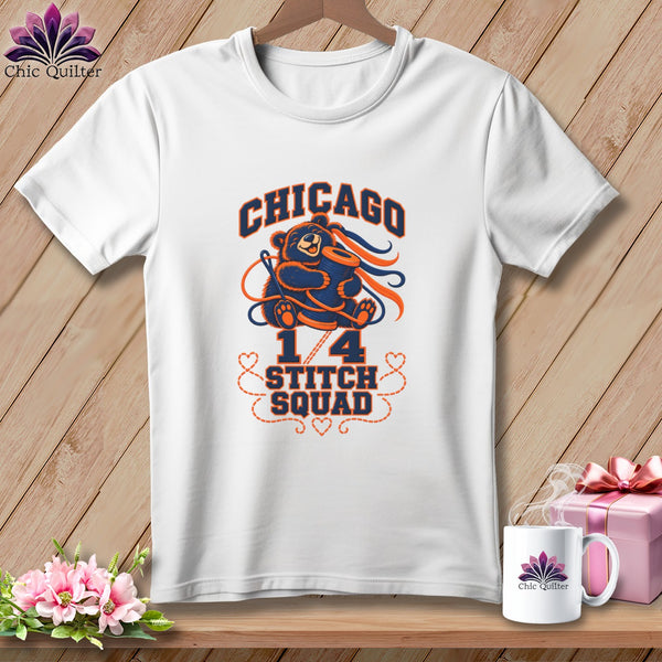 White short-sleeve t-shirt featuring a Chicago Stitch Squad graphic with a bear holding thread.