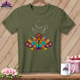 Olive green t-shirt with a colorful patchwork moth graphic and sewing needle.