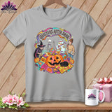Quilters After Dark Halloween graphic with skeleton, mummy, witch, and pumpkin.