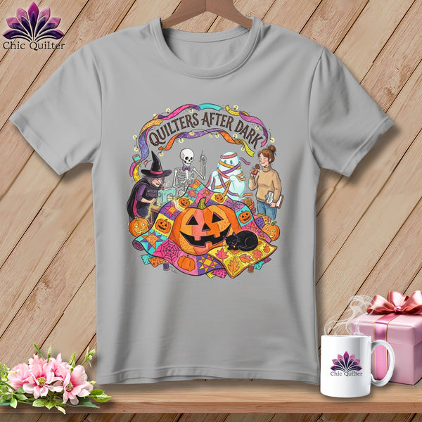 Quilters After Dark Halloween graphic with skeleton, mummy, witch, and pumpkin.