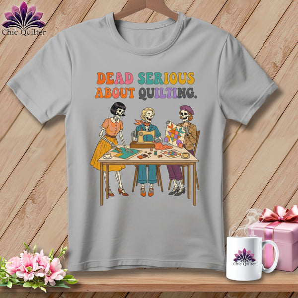Skeletons sewing and quilting with text "Dead Serious About Quilting."