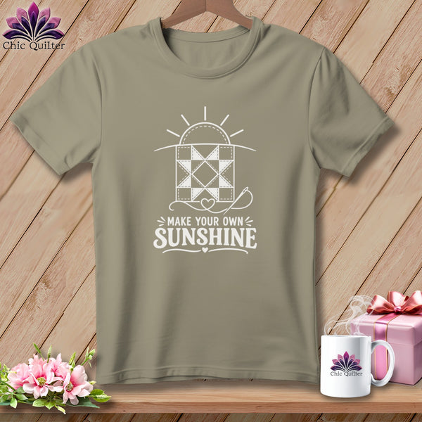 Tan t-shirt with white quilting graphic and "Make Your Own Sunshine" text.