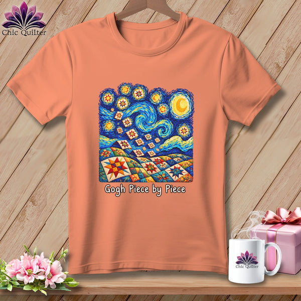 Peach t-shirt with "Gogh Piece by Piece" graphic, featuring a starry sky quilt design.
