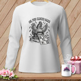 White long-sleeve shirt with a vintage chicken sewing a quilt and text 