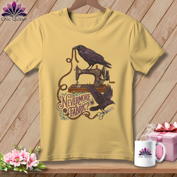 Yellow t-shirt graphic with ravens, antique sewing machine, measuring tape, and scissors.