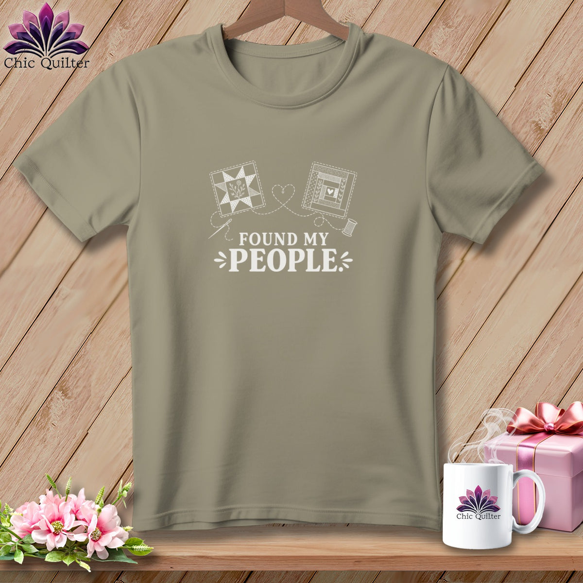 Tan t-shirt with white text and quilting graphics: "Found My People"
