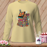 Long sleeve shirt with a whimsical sewing-themed house graphic and 