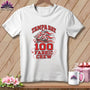 A white short-sleeve t-shirt features a red graphic with a pirate ship, the number 100, and text reading Tampa Bay Fabric Crew.