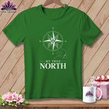 Green t-shirt with white compass graphic and 