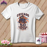 A white t-shirt features a graphic with a bear holding a spool of thread and the text Chicago 50 Thread Team.