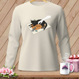 Cream sweatshirt with graphic of cat on pumpkin with sewing supplies and text 