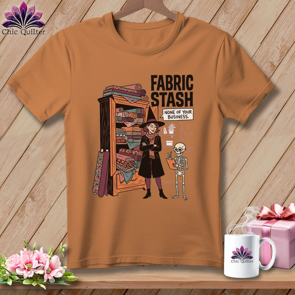 Orange t-shirt with witch and skeleton graphic, "Fabric Stash None of Your Business."
