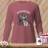 T-shirt with distressed illustration of a chicken sewing a quilt, saying 