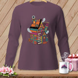 Quirky sewing-themed house with ghosts and quilting supplies on a long-sleeve shirt.
