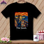 Black t-shirt featuring a quilt block and a screaming figure in the style of Munch's "The Scream".