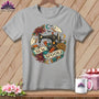 Gray t-shirt with "Sew Spooky" text, a sewing machine, ghosts, and flowers.