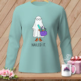 Ghost with glasses, scissors, ruler, and supplies in a bag, with 