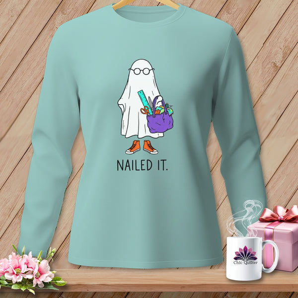 Ghost with glasses, scissors, ruler, and supplies in a bag, with "Nailed It." text.