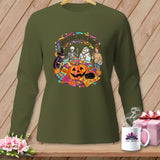 Green long-sleeve shirt with Halloween quilting graphic and text 