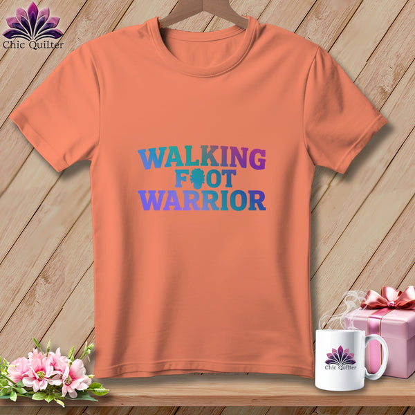Orange t-shirt with "Walking Foot Warrior" text in gradient colors.