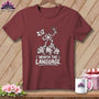 Maroon t-shirt with a graphic of a quilt square character holding a flag and a lightbulb over a pile of sad quilt squares with text "Worth the Language".