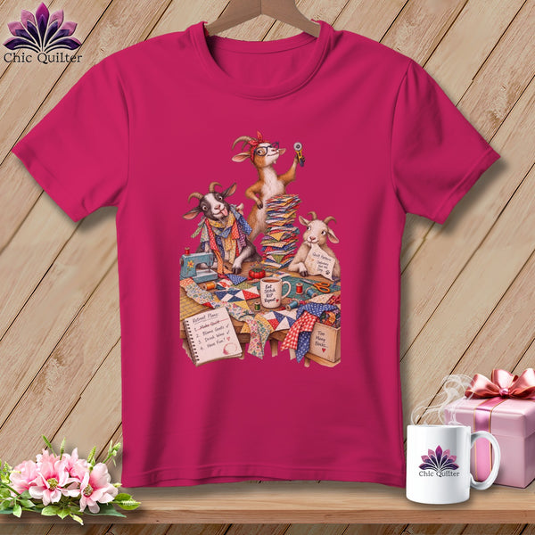 Three goats sewing and quilting with a list of retreat plans and a mug.