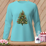 Teal long-sleeve shirt with a Christmas tree adorned with spools of thread.