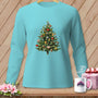 Teal long-sleeve shirt with a Christmas tree adorned with spools of thread.