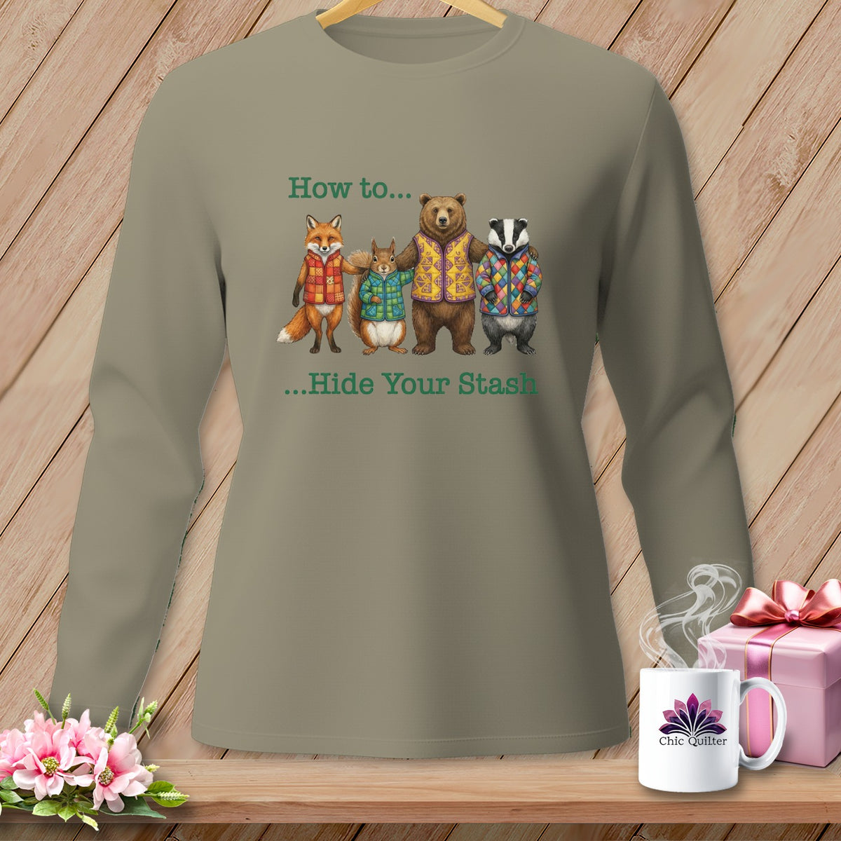 Long-sleeve shirt with fox, squirrel, bear, and badger graphic saying "How to... Hide Your Stash."