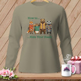 Long-sleeve shirt with fox, squirrel, bear, and badger graphic saying 