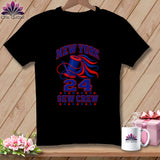 A black t-shirt featuring blue and red embroidery of a spool of thread, the text NEW YORK 24 SEW CREW, and decorative stars.