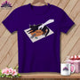 Purple t-shirt with graphic of black cat, hand, and sewing tools with word "HELPING".
